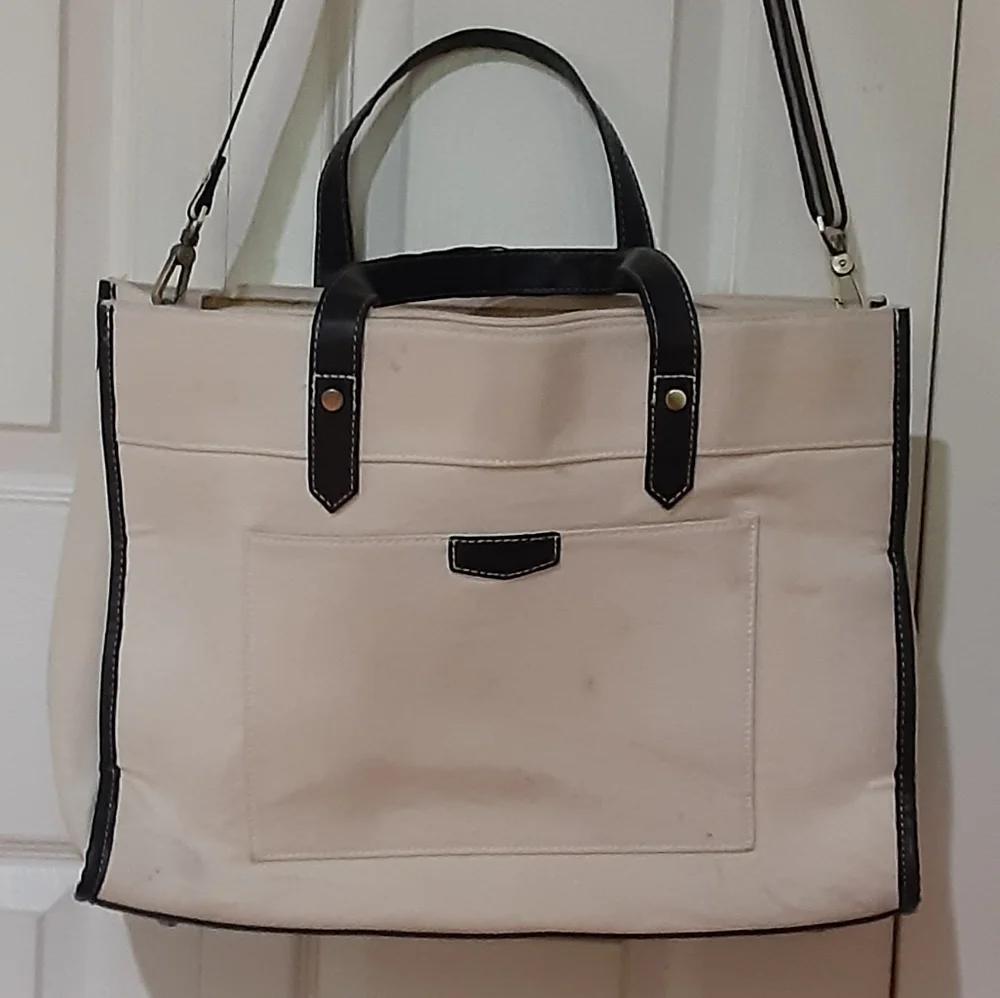 Missnine canvas laptop tote bag, cream and black